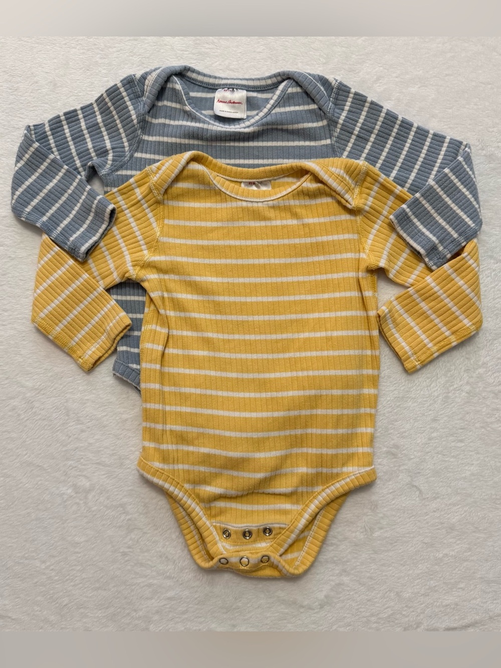 Hanna Andersson Set of 2 Yellow/Light Blue  Ribbed Striped L/S Onesies Size 2T
